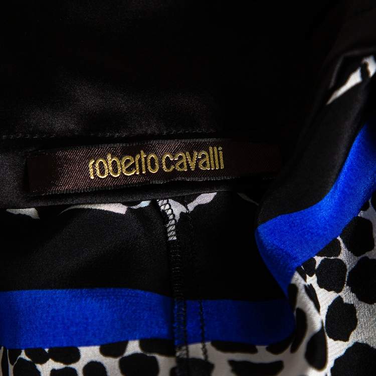 Pre Owned Roberto Cavalli Black & Blue Silk Printed Straight Fit Pants L
