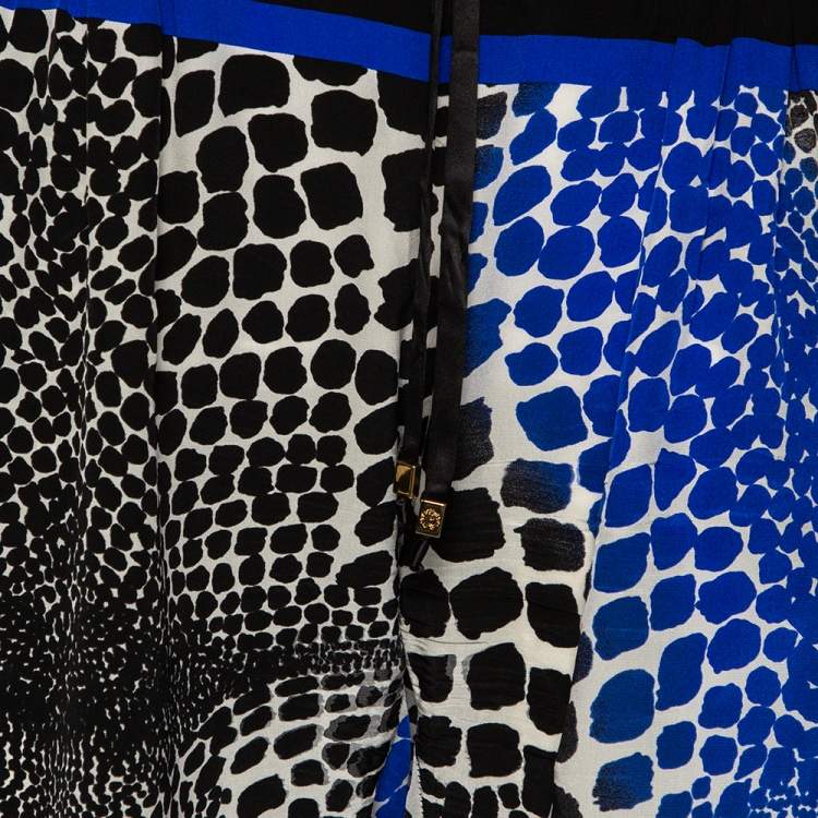 Pre Owned Roberto Cavalli Black & Blue Silk Printed Straight Fit Pants L