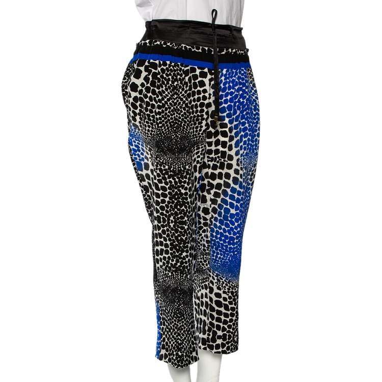 Pre Owned Roberto Cavalli Black & Blue Silk Printed Straight Fit Pants L