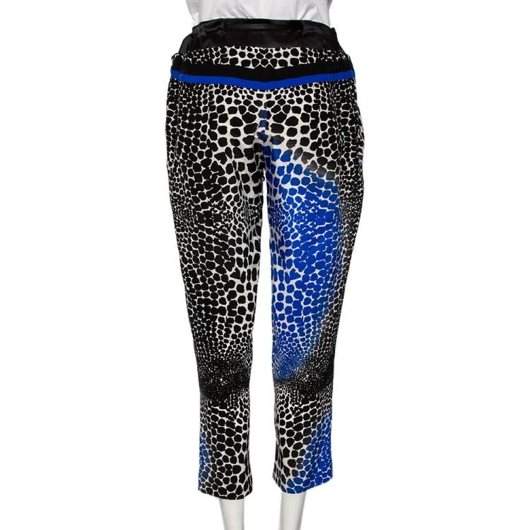 Pre Owned Roberto Cavalli Black & Blue Silk Printed Straight Fit Pants L