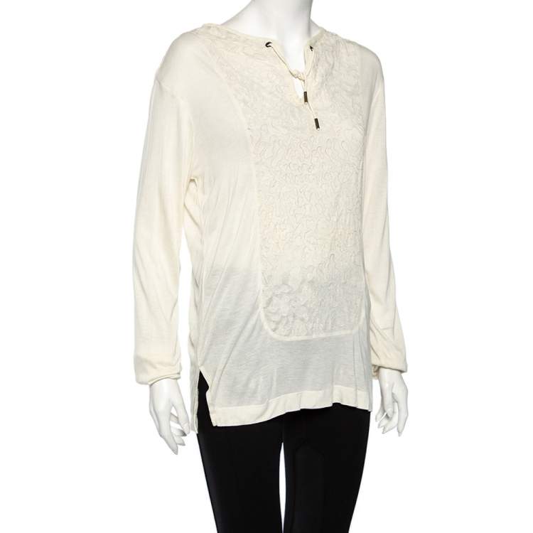 Pre Owned Roberto Cavalli Cream Textured Cotton Jersey Top L 
