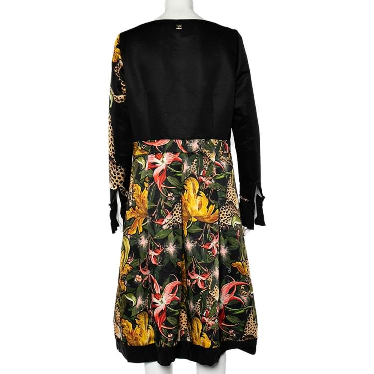 Pre Owned Roberto Cavalli Multicolored Printed Sateen Pleated Midi Dress L 
