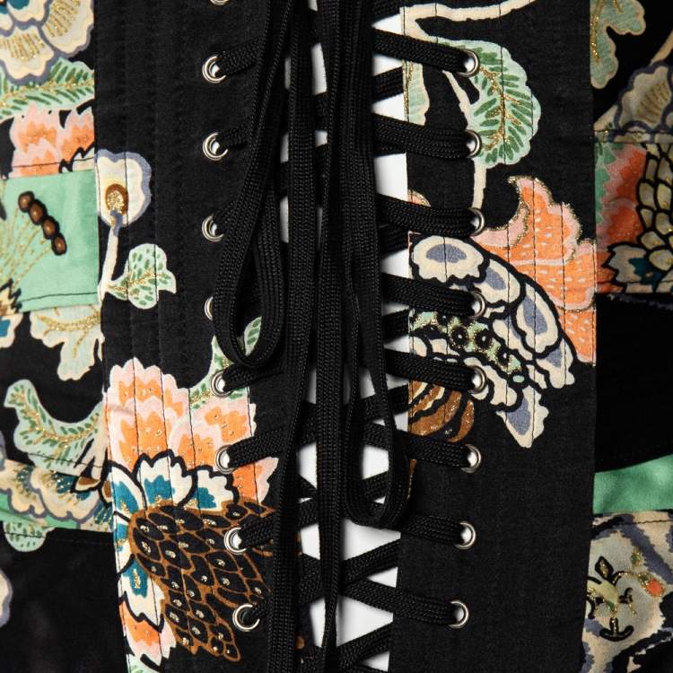 Pre Owned Roberto Cavalli Multicolor Floral Glitter Print Silk Corset S