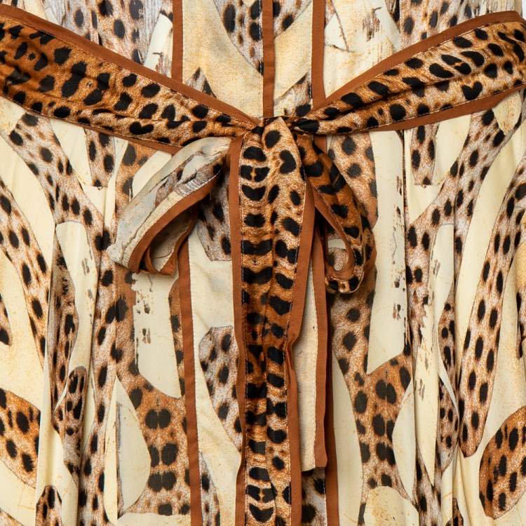 Pre Owned Roberto Cavalli Beige Leopard Print Silk Belted Dress S