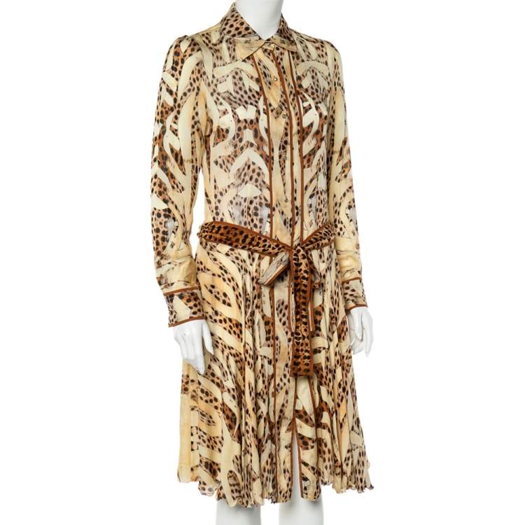 Pre Owned Roberto Cavalli Beige Leopard Print Silk Belted Dress S
