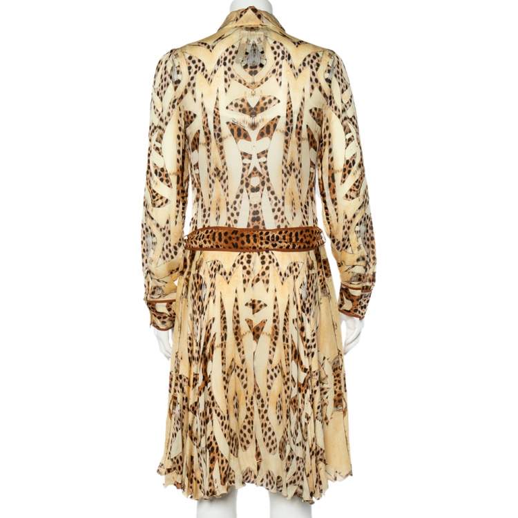 Pre Owned Roberto Cavalli Beige Leopard Print Silk Belted Dress S