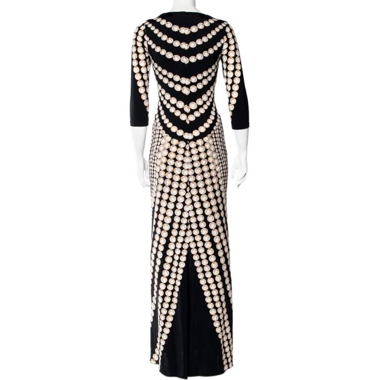 Pre Owned Roberto Cavalli Black Pearl Print Jersey Brooch Detail Maxi Dress S