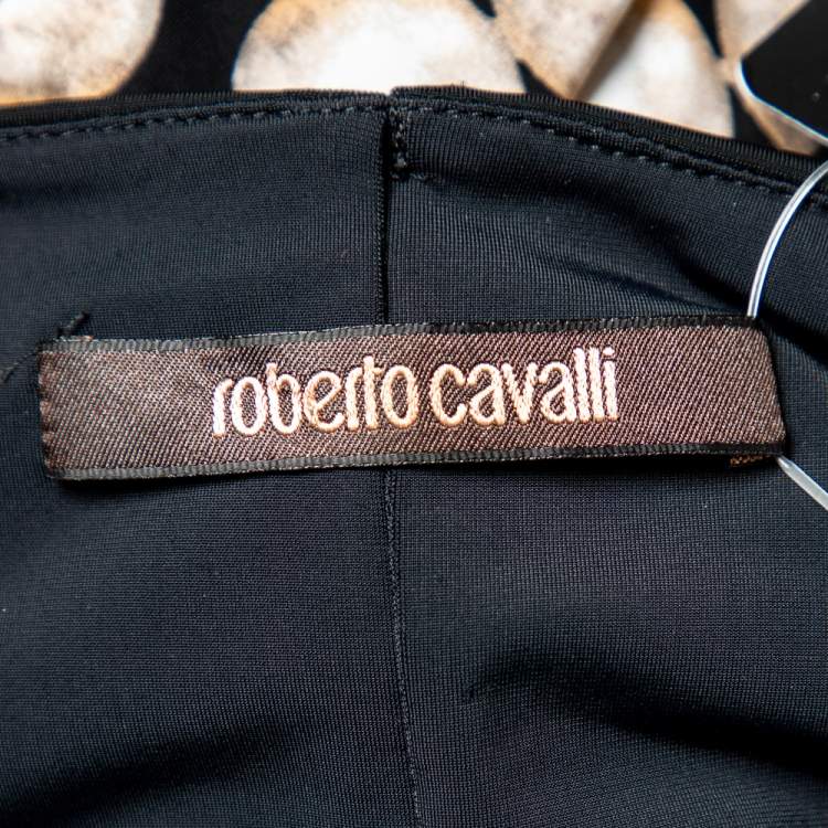 Pre Owned Roberto Cavalli Black Pearl Print Jersey Brooch Detail Maxi Dress S