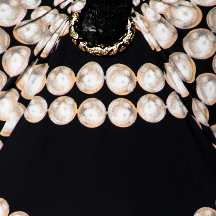 Pre Owned Roberto Cavalli Black Pearl Print Jersey Brooch Detail Maxi Dress S