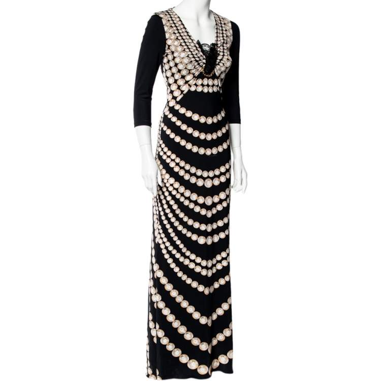 Pre Owned Roberto Cavalli Black Pearl Print Jersey Brooch Detail Maxi Dress S