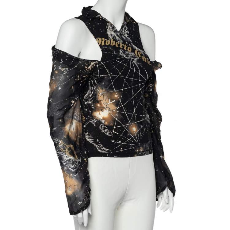 Pre Owned Roberto Cavalli Black Printed Silk Cold Shoulder Blouse M