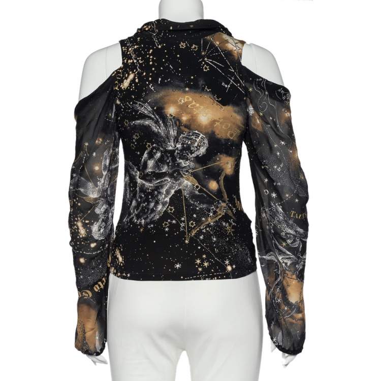 Pre Owned Roberto Cavalli Black Printed Silk Cold Shoulder Blouse M