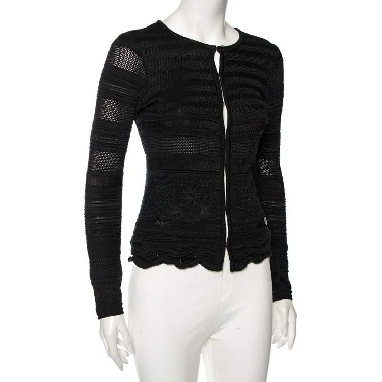 Pre Owned Roberto Cavalli Black Patterned Knit Round Neck Cardigan S