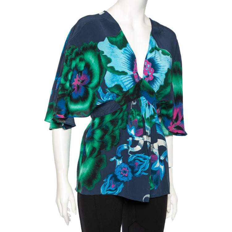 Pre Owned Roberto Cavalli Navy Blue Floral Printed Silk V-Neck Blouse M 