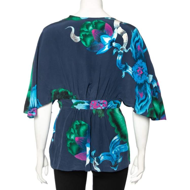 Pre Owned Roberto Cavalli Navy Blue Floral Printed Silk V-Neck Blouse M 