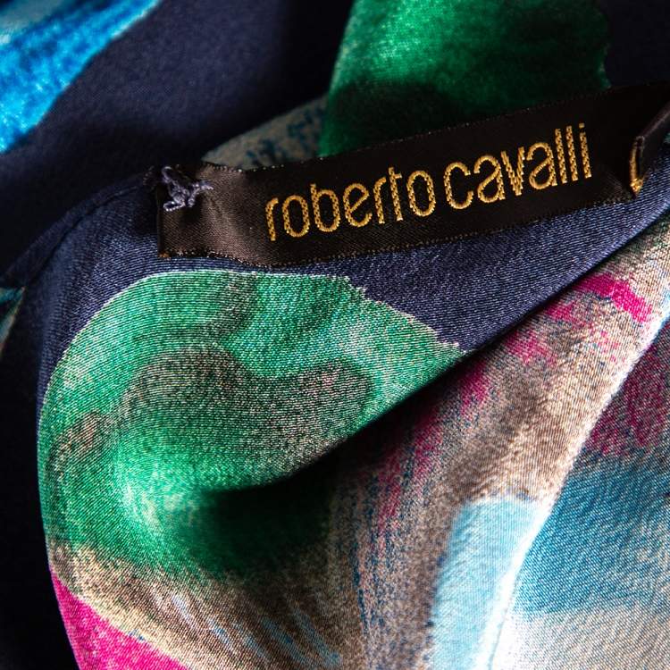 Pre Owned Roberto Cavalli Navy Blue Floral Printed Silk V-Neck Blouse M 