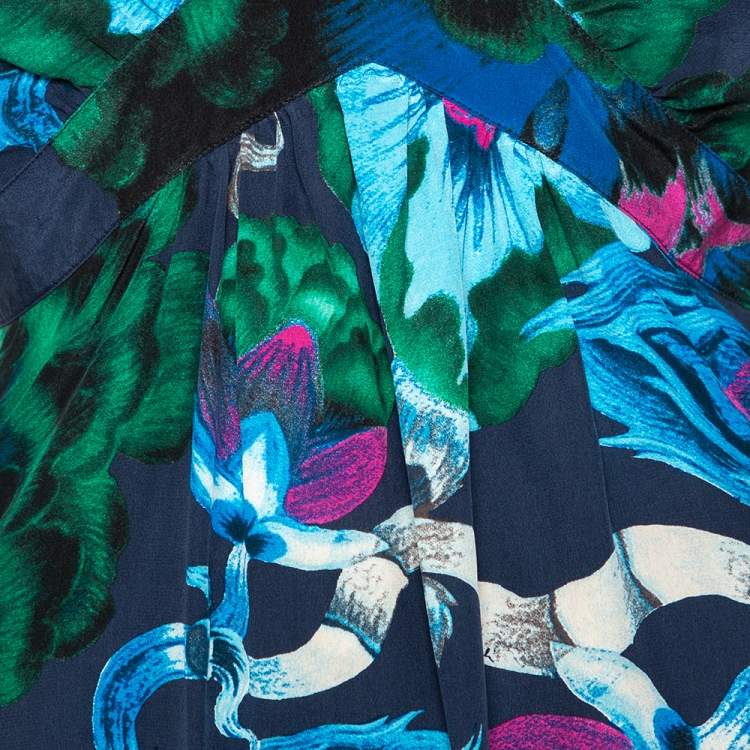 Pre Owned Roberto Cavalli Navy Blue Floral Printed Silk V-Neck Blouse M 