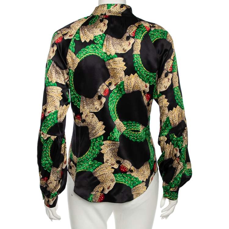 Pre Owned Roberto Cavalli Black Embellished Print Silk Button Front Shirt S