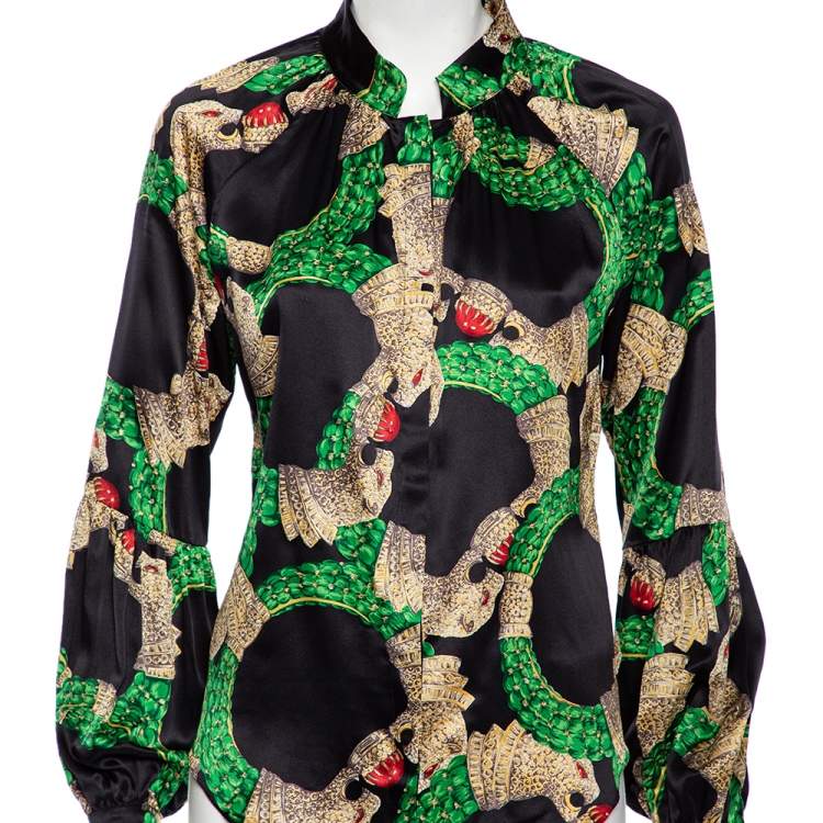 Pre Owned Roberto Cavalli Black Embellished Print Silk Button Front Shirt S