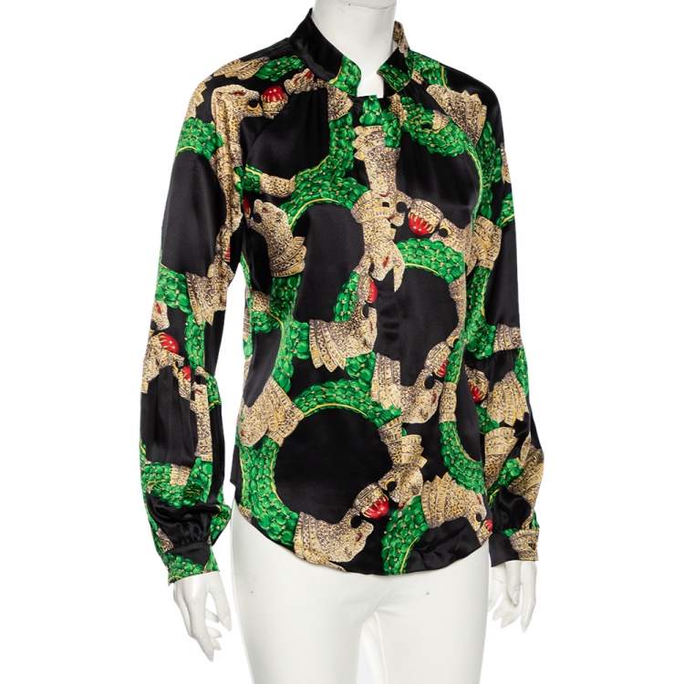 Pre Owned Roberto Cavalli Black Embellished Print Silk Button Front Shirt S