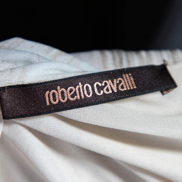 Pre Owned Roberto Cavalli Beige Printed Jersey Ruch Detail Sleeveless Maxi Dress M