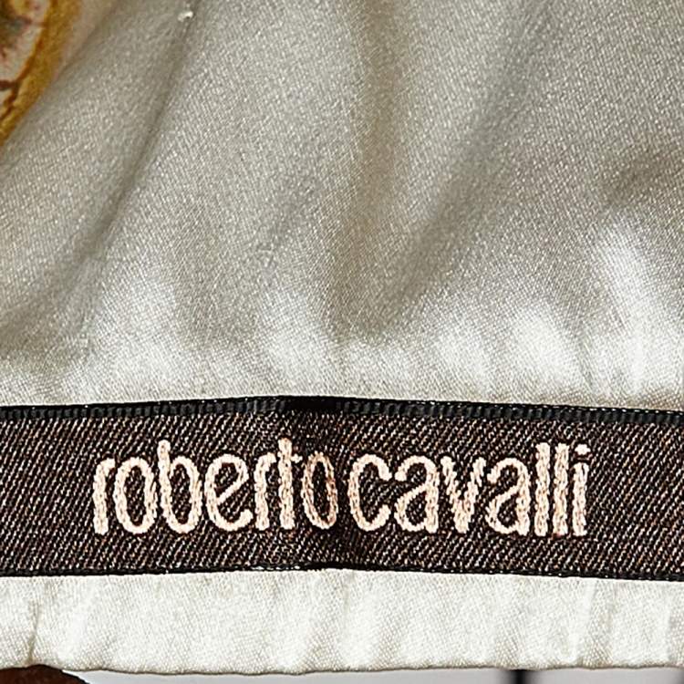 Pre Owned Roberto Cavalli Cream Gold Chain Print Silk Satin Maxi Skirt L