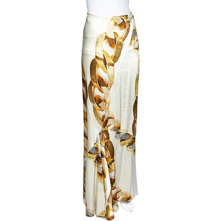 Pre Owned Roberto Cavalli Cream Gold Chain Print Silk Satin Maxi Skirt L