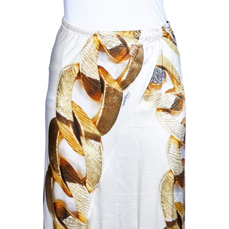 Pre Owned Roberto Cavalli Cream Gold Chain Print Silk Satin Maxi Skirt L