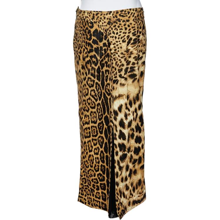 Pre Owned Roberto Cavalli Vintage Animal Printed Cotton Canvas Contrast Panel Detail Maxi Skirt L