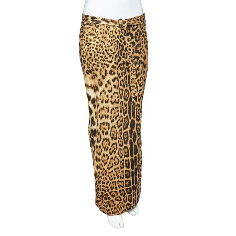 Pre Owned Roberto Cavalli Vintage Animal Printed Cotton Canvas Contrast Panel Detail Maxi Skirt L