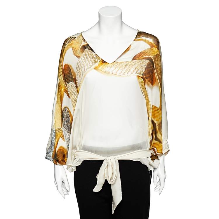 Pre Owned Roberto Cavalli Cream Chain Print Silk Tie Detail Sheer Kaftan Top M