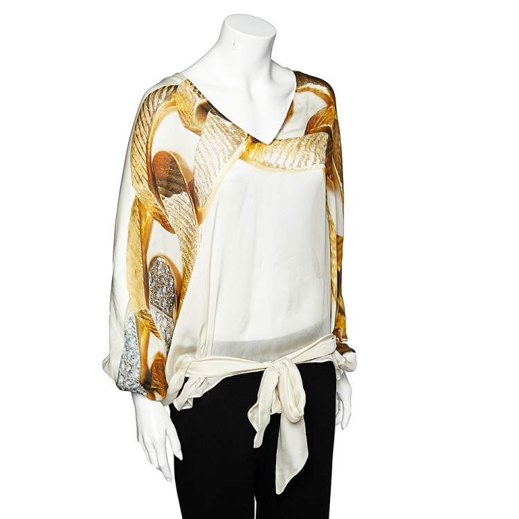 Pre Owned Roberto Cavalli Cream Chain Print Silk Tie Detail Sheer Kaftan Top M