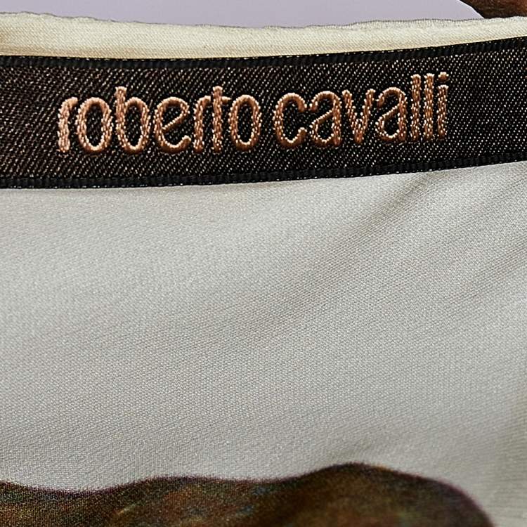 Pre Owned Roberto Cavalli Cream Chain Print Silk Tie Detail Sheer Kaftan Top M