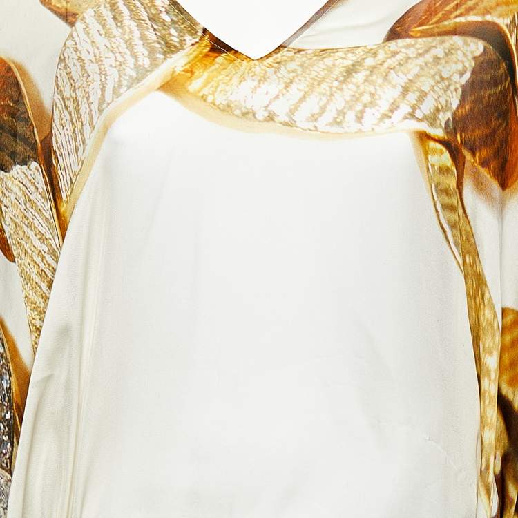 Pre Owned Roberto Cavalli Cream Chain Print Silk Tie Detail Sheer Kaftan Top M