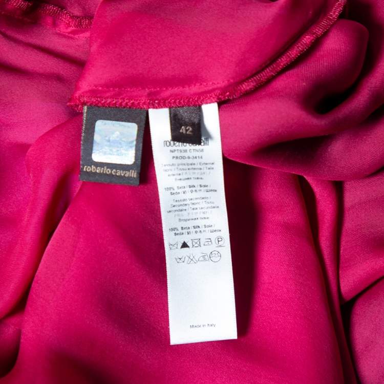 Pre Owned Roberto Cavalli Multicolored Printed Silk Draped One-Shoulder Midi Dress M