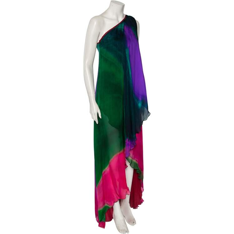 Pre Owned Roberto Cavalli Multicolored Printed Silk Draped One-Shoulder Midi Dress M