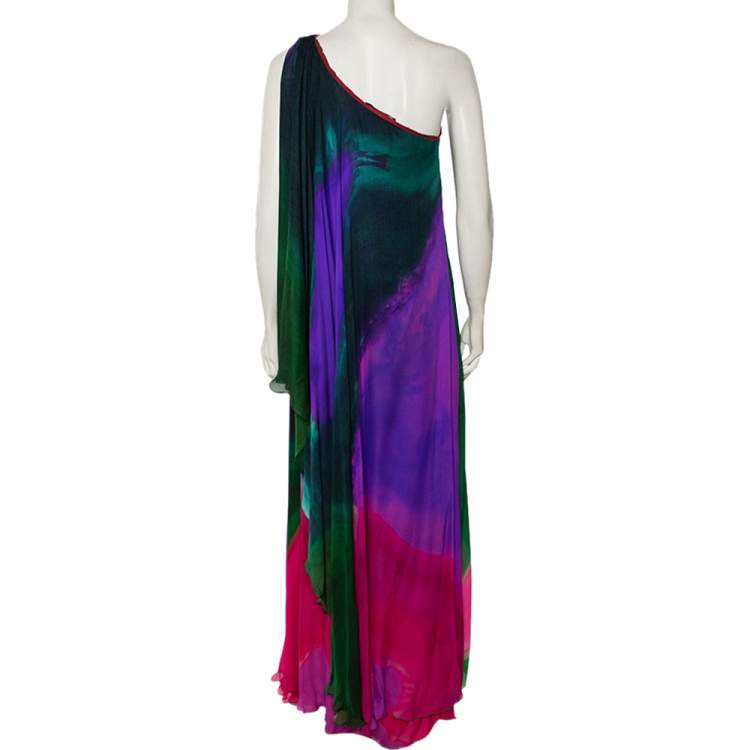 Pre Owned Roberto Cavalli Multicolored Printed Silk Draped One-Shoulder Midi Dress M