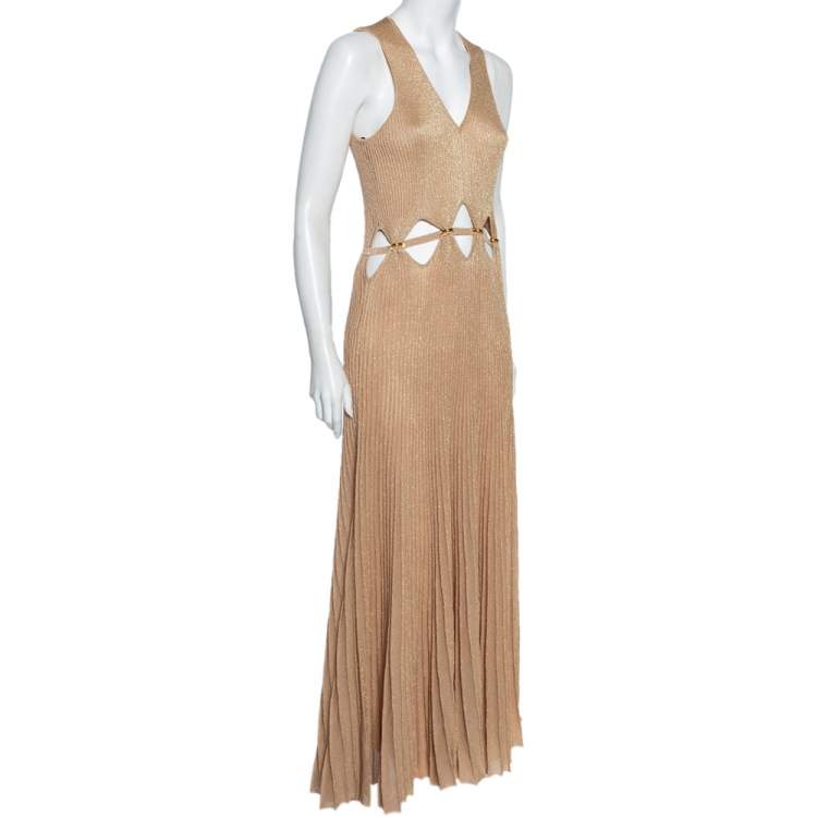 Pre Owned Roberto Cavalli Gold Rib Lurex Knit Waist Cut Out Detail Evening Dress S