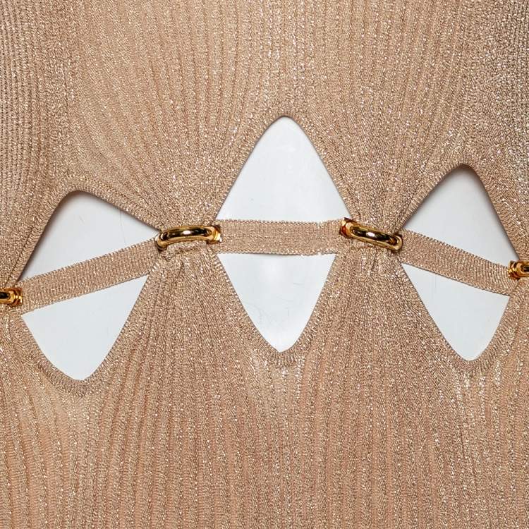 Pre Owned Roberto Cavalli Gold Rib Lurex Knit Waist Cut Out Detail Evening Dress S