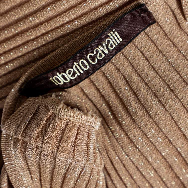 Pre Owned Roberto Cavalli Gold Rib Lurex Knit Waist Cut Out Detail Evening Dress S