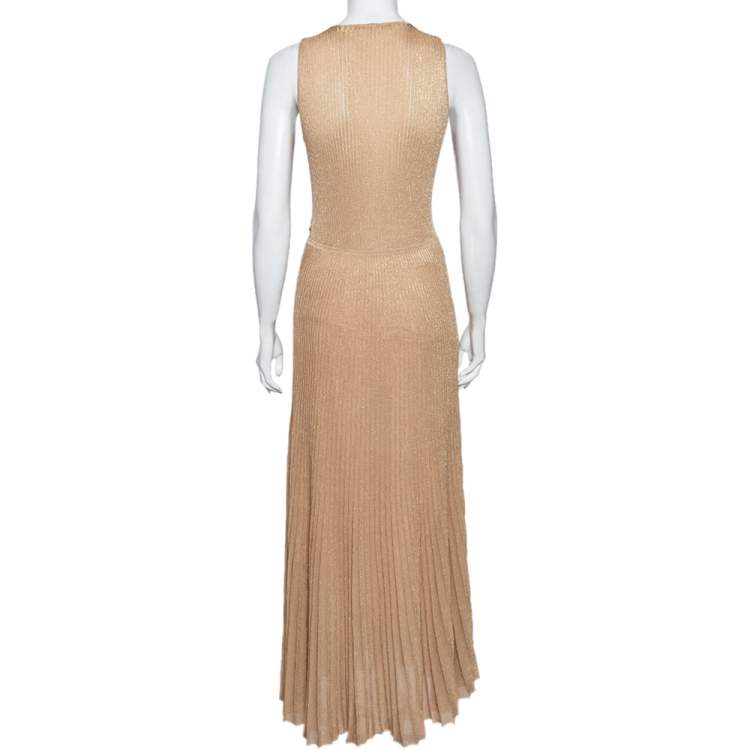 Pre Owned Roberto Cavalli Gold Rib Lurex Knit Waist Cut Out Detail Evening Dress S