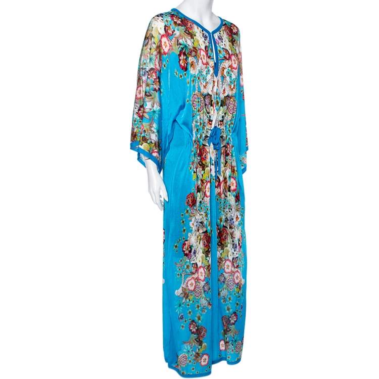 Pre Owned Roberto Cavalli Blue Floral Printed Knit Waist Tie Detail Kaftan M