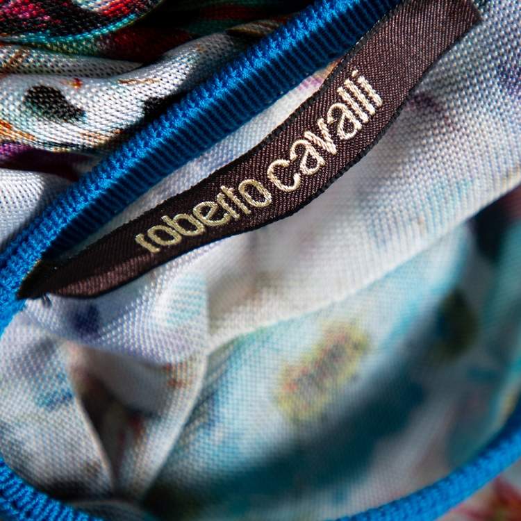 Pre Owned Roberto Cavalli Blue Floral Printed Knit Waist Tie Detail Kaftan M