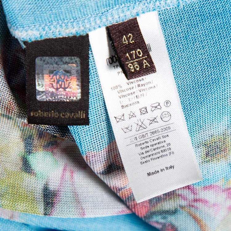 Pre Owned Roberto Cavalli Blue Floral Printed Knit Waist Tie Detail Kaftan M