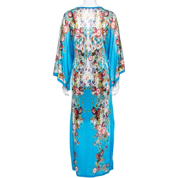Pre Owned Roberto Cavalli Blue Floral Printed Knit Waist Tie Detail Kaftan M