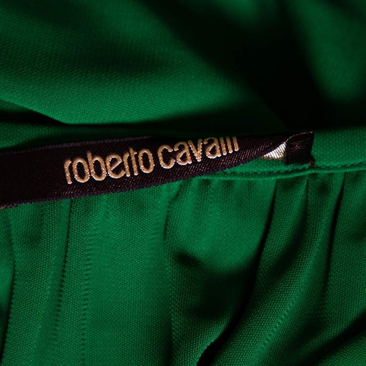 Pre Owned Roberto Cavalli Green Jersey Cold Shoulder Tassel Tie Detailed Belted Dress M
