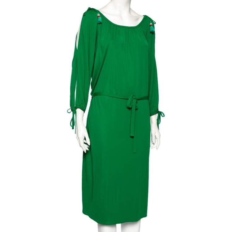 Pre Owned Roberto Cavalli Green Jersey Cold Shoulder Tassel Tie Detailed Belted Dress M