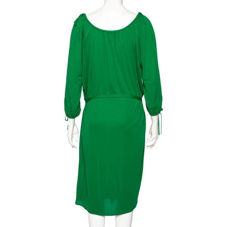 Pre Owned Roberto Cavalli Green Jersey Cold Shoulder Tassel Tie Detailed Belted Dress M