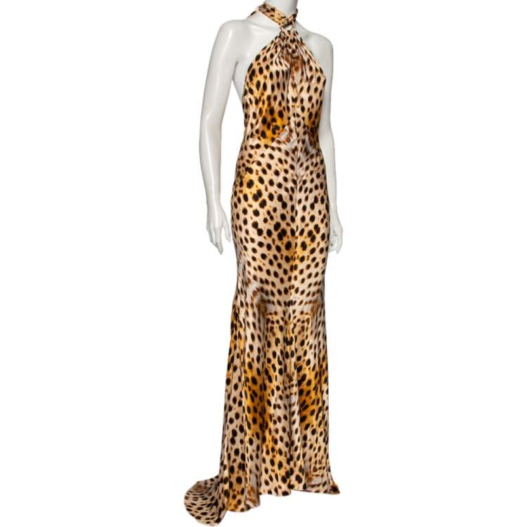 Pre Owned Roberto Cavalli Brown Animal Printed Silk Satin Halter Neck Dress M