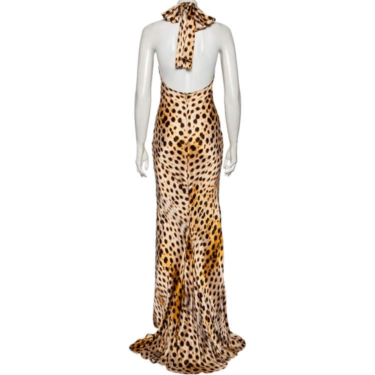 Pre Owned Roberto Cavalli Brown Animal Printed Silk Satin Halter Neck Dress M